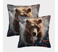 MJFCoin 3D Printed Brown Bear Square Pillowcases Dinosaurs Pillow Case Cushion Decorative Super Soft Pack of 2 for Patio,Couch, Tent, Balcony And Sofa 50x50cm