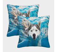 MJFCoin 3D Printed Siberian Husky Square Pillowcases Dinosaurs Pillow Case Cushion Decorative Super Soft Pack of 2 Home Decor for Sofa Bedroom 50x50cm