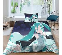 MJFCoin Hatsune Miku 3D Printed Duvet Cover Set Bedding Set,Soft Microfiber Pillowcases,Hidden Zipper Anime Quilt Cover Easy Care Comforter Cover for Kids Boys Girls Teens Single（135x200cm）
