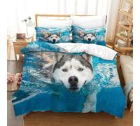 MJFCoin Siberian Husky 3D Printed Duvet Cover Set Bedding Set,Soft Microfiber Pillowcases,Hidden Zipper Swimming Quilt Cover Easy Care Comforter Cover for Kids Boys Girls Teens Super King(260x220cm)