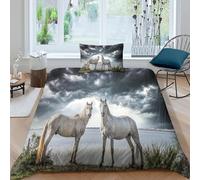 MJFCoin White Horses Duvet Cover 3 PCS Hotel Quality Quilt Cover Bedding Set Bed Covers with Pillowcases with Zipper Closure Ultra Soft Hypoallergenic Microfiber Single(135x200cm)