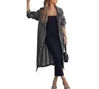 MJFCS YAENH Women's Vintage Notched Collar Double Breasted Plus Size Loose Over Knee Denim Jacket Trench Coat with Belt, Black, XL