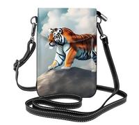 MJHKXLJ Majestic Tiger Resting on a Rock with Cloudy Sky Printed Ladies' mobile phone with leather foreskin, crossbody flip cover, small adjustable shoulder strap