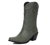 MJIASIAWA Block Heel Cowboy Boots Women Pointed Toe Winter Outdoor Slip On Vintage Western Mid Calf Western Booties Green Size 5 UK/39 Asian
