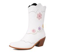 MJIASIAWA Block Heel Cowboy Boots Women Pointed Toe Winter Outdoor Slip On Vintage Western Mid Calf Western Booties White Size 2 UK/35 Asian
