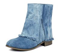 MJIASIAWA Comfortable Chelsea Women Round Toe Ankle Boots Girls Winter Outdoor Slip On Bow Booties Block Heel Blue Size 8 UK/44 Asian