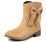 MJIASIAWA Comfortable Chelsea Women Round Toe Ankle Boots Girls Winter Outdoor Slip On Bow Booties Block Heel Beige Size 7.5 UK/43 Asian