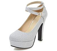 MJIASIAWA High Heels Dress Women Closed Toe Ankle Strap Platform Bridal Court Shoes Fashion Block Heel Sequins Pumps Silver Size 7 UK/41 Asian