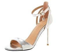 MJIASIAWA Ladies Ankle Strap Wedding Stiletto Heels Sandals Bride High Heeled Dress Open Toe Party Elegant Bridal Shoes Silver Size 9.5 UK/46 Asian
