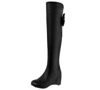 MJIASIAWA Ladies Winter Elegant Wedge Heel Over The Knee Boots Bows Warm Round Toe Wedding Pull On Long Booty Black-P Size 4.5 UK/38 Asian