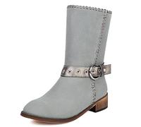 MJIASIAWA Mid Calf Equestrian Women Outdoor Winter Boots Slip On Western Round Toe Vintage Riding Booties Buckle Grey Size 7.5 UK/43 Asian