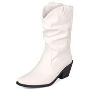 MJIASIAWA Pointed Toe Cowboy Boots Women Mid Calf Block Heel Pull On Comfort Winter Embroidered Western Booties Fashion White Size 5 UK/39 Asian
