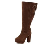 MJIASIAWA Women Block Heel Knee High Classic Platform Boots Pull On Winter Office Warm Round Toe Chunky Riding Booty Brown Size 5 UK/39 Asian