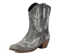 MJIASIAWA Women Comfortable Embroidered Cowboy Boots Block Heel Fashion Slip On Winter Pointed Toe Western Booties Buckle Black Size 7 UK/42 Asian