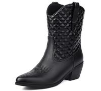 MJIASIAWA Women Comfortable Embroidered Cowboy Boots Block Heel Fashion Slip On Winter Pointed Toe Western Booties Buckle Black Size 7 UK/42 Asian