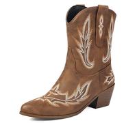 MJIASIAWA Women Comfortable Embroidered Cowboy Boots Block Heel Fashion Slip On Winter Pointed Toe Western Booties Buckle Brown Size 6 UK/40 Asian