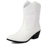 MJIASIAWA Women Comfortable Embroidered Cowboy Boots Block Heel Fashion Slip On Winter Pointed Toe Western Booties Buckle White Size 5 UK/39 Asian
