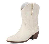 MJIASIAWA Women Comfortable Embroidered Cowboy Boots Block Heel Fashion Slip On Winter Pointed Toe Western Booties Buckle Beige Size 4 UK/37 Asian