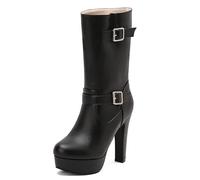 MJIASIAWA Women Fashion Slip On Mid Calf Platform Boots Comfortable Round Toe Winer Warm Buckle High Heel Booties Black Size 6.5 UK/41 Asian