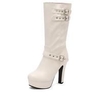 MJIASIAWA Women Fashion Slip On Mid Calf Platform Boots Comfortable Round Toe Winer Warm Buckle High Heel Booties White Size 9 UK/46 Asian