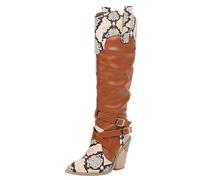 MJIASIAWA Women Fashion Snakeskin Knee High Western Pointed Toe Boots Pull On Winter Warm Wedge Heel Cowboy Booty Yellow Size 3 UK/36 Asian