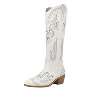 MJIASIAWA Women Knee High Winter Embroidered Western Boots Block Heel Outdoor Fashion Pointed Toe Cowboy Vintage White Size 5 UK/39 Asian