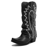 MJIASIAWA Women Mid Calf Slip On Pointed Toe Cowboy Boots Winter Outdoor Embroidered Western Block Heel Dance Booties Black Size 7 UK/42 Asian