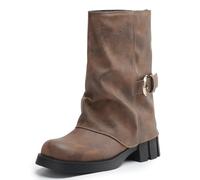 MJIASIAWA Women Outdoor Comfortable Mid Calf Riding Boots Slip On Winter Round Toe Vintage Platform Block Heel Booties Brown Size 4.5 UK/38 Asian