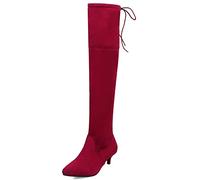 MJIASIAWA Women Pointed Toe Kitten Heel Over The Knee Stretch Boots Comfy Winter Dress Fashion Thigh High Riding Zip Boots Red Size 9 UK/46 Asian