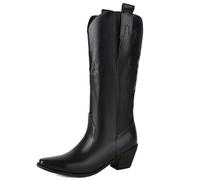 MJIASIAWA Women Pointed Toe Knee High Western Boots Dance Block Heel Winter Fashion Slip On Embroidery Cowboy Booty Black Size 7 UK/42 Asian
