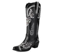 MJIASIAWA Women Pointed Toe Knee High Western Boots Dance Block Heel Winter Fashion Slip On Embroidery Cowboy Booty Black Size 7 UK/42 Asian
