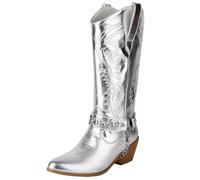 MJIASIAWA Women Pointed Toe Knee High Western Boots Dance Block Heel Winter Fashion Slip On Embroidery Cowboy Booty Silver Size 2 UK/35 Asian