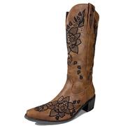 MJIASIAWA Women Pointed Toe Knee High Western Boots Dance Block Heel Winter Fashion Slip On Embroidery Cowboy Booty Brown Size 8 UK/44 Asian