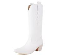MJIASIAWA Women Pointed Toe Knee High Western Boots Dance Block Heel Winter Fashion Slip On Embroidery Cowboy Booty White Size 8.5 UK/45 Asian