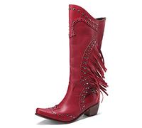 MJIASIAWA Women Pointed Toe Knee High Western Cowboy Boots Fringe Winter Dance Block Heels Classic Embroidered Riding Boots Red Size 5 UK/39 Asian