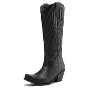 MJIASIAWA Women Pointed Toe Winter Vintage Western Boots Outdoor Warm Block Heel Embroidered Cowboy Booty Wide Calf Black Size 7 UK/42 Asian