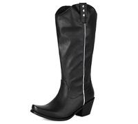 MJIASIAWA Women Pointed Toe Winter Vintage Western Boots Outdoor Warm Block Heel Embroidered Cowboy Booty Wide Calf Black Size 7 UK/42 Asian