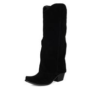 MJIASIAWA Women Pointed Toe Winter Vintage Western Boots Outdoor Warm Block Heel Embroidered Cowboy Booty Wide Calf Black Size 7 UK/42 Asian