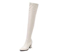 MJIASIAWA Women Pull On Block Heel Stretch Over The Knee Boots Fashion Pointed Toe Winter Elegant Thigh High Stretch Booty White Size 10 UK/48 Asian