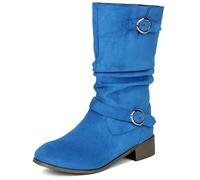 MJIASIAWA Women Round Toe Chelsea Mid Calf Comfortable Slouch Boots Slip On Equestrian Winter Classic Booties Buckle Blue Size 7 UK/42 Asian