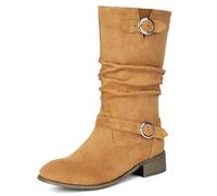 MJIASIAWA Women Round Toe Chelsea Mid Calf Comfortable Slouch Boots Slip On Equestrian Winter Classic Booties Buckle Brown Size 5 UK/39 Asian