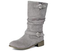 MJIASIAWA Women Round Toe Chelsea Mid Calf Comfortable Slouch Boots Slip On Equestrian Winter Classic Booties Buckle Grey Size 7.5 UK/43 Asian