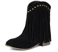 MJIASIAWA Women Round Toe Classic Fringe Chelsea Boots Comfortable Winter Outdoor Block Heel Slip On Riding Booties Black Size 7 UK/42 Asian