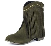 MJIASIAWA Women Round Toe Classic Fringe Chelsea Boots Comfortable Winter Outdoor Block Heel Slip On Riding Booties Green Size 10 UK/48 Asian