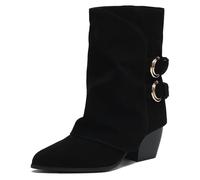 MJIASIAWA Women Slip On Outdoor Pointed Toe Western Mid Calf Boots Winter Warm Block Heel Vintage Cowboy Booties Buckle Black Size 5 UK/39 Asian