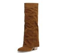 MJIASIAWA Women Slouch Knee High Western Boots Slip On Block Heel Casual Comfortable Warm Outdoor Riding Booty Brown Size 6.5 UK/41 Asian