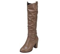 MJIASIAWA Women Vintage Knee High Block Heel Slouch Riding Boots Pull On Winter Classic Round Toe Warm Booty Fashion Khaki Size 7 UK/42 Asian