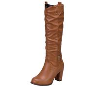 MJIASIAWA Women Vintage Knee High Block Heel Slouch Riding Boots Pull On Winter Classic Round Toe Warm Booty Fashion Yellow Size 9.5 UK/47 Asian