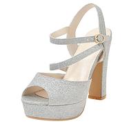 MJIASIAWA Womens Party Block Heels Peep Toe Roman Sandals Bridal Strappy Buckle Fashion Summer High Heeled Platform Wedding Shoes Silver Size 2 UK/35 Asian