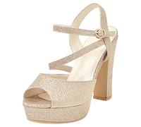 MJIASIAWA Womens Party Block Heels Peep Toe Roman Sandals Bridal Strappy Buckle Fashion Summer High Heeled Platform Wedding Shoes Gold Size 6 UK/40 Asian